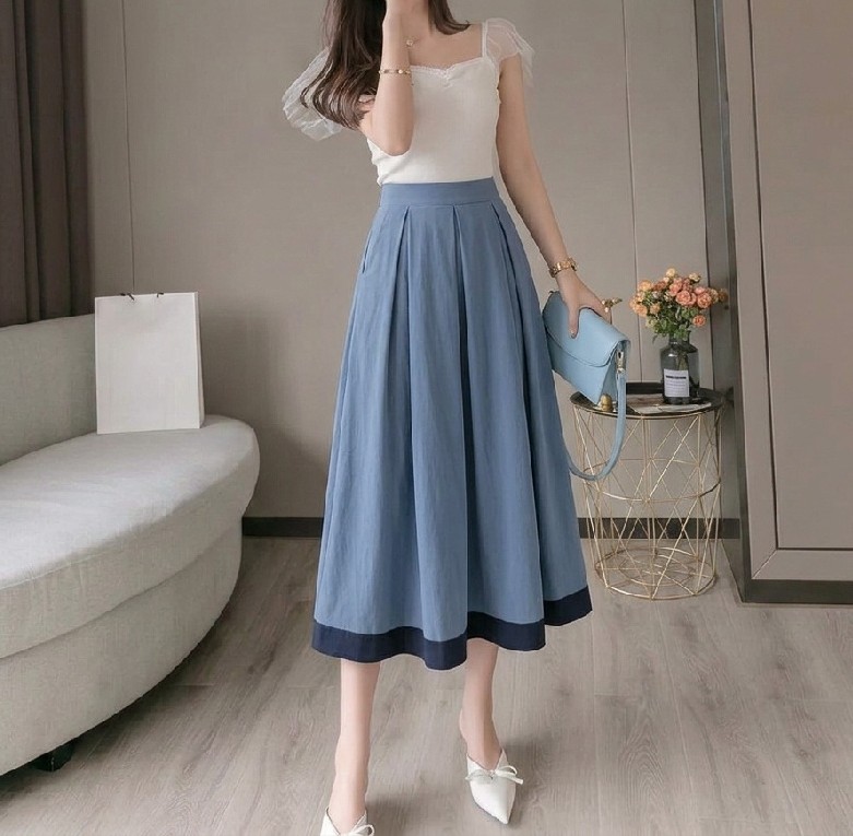 뒷밴딩 밑단배색 맞주름 플레어 A라인 롱스커트 여름 시원한치마 - 상세 이미지 4