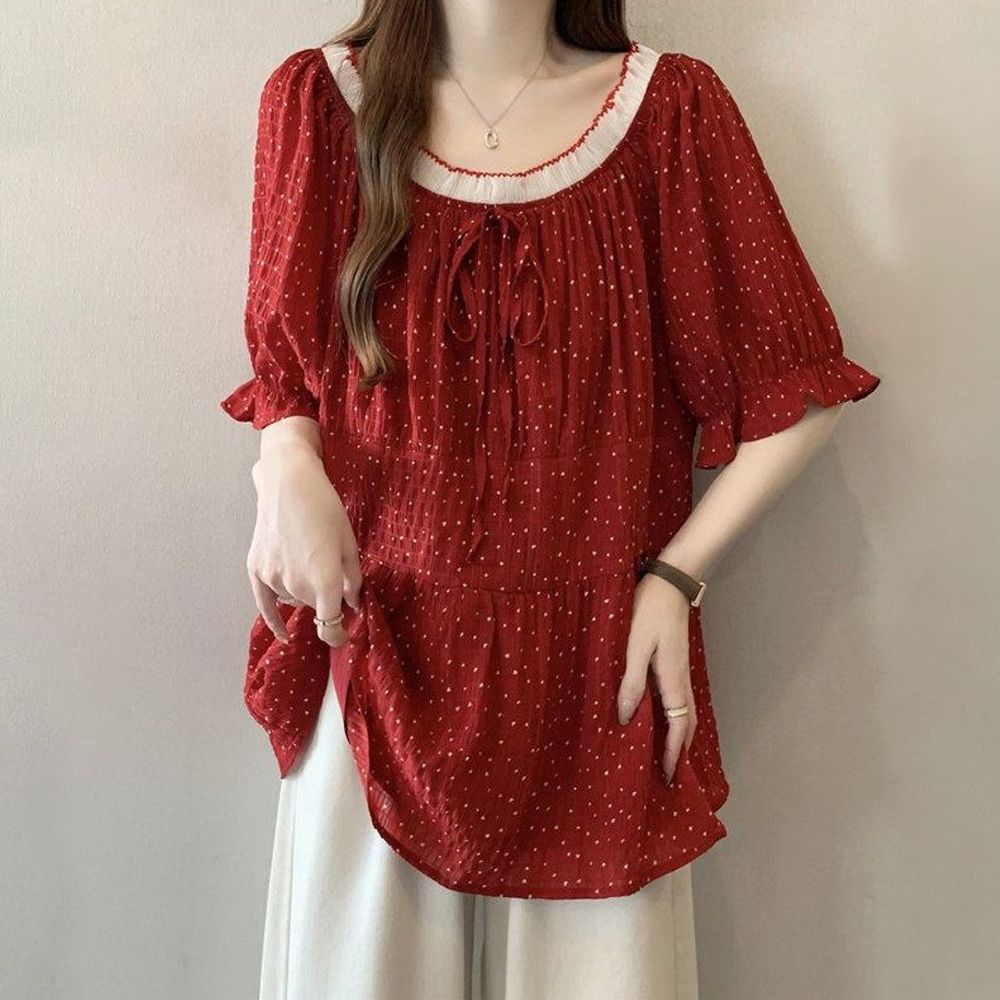 레드 도트 쉬폰 블라우스 반팔 데일리 프렌치 루즈핏 땡땡이 - 상품 이미지
