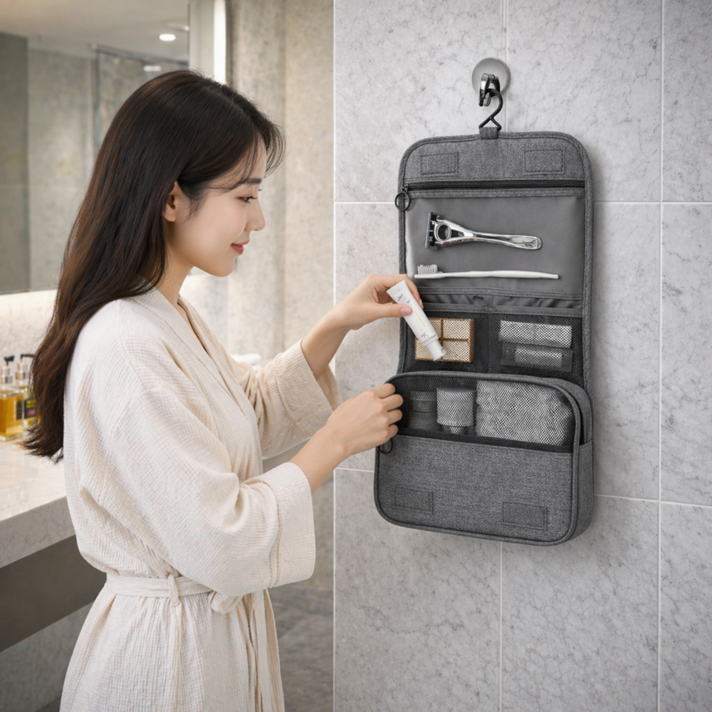 세면파우치 여행용 수납가방 건습분리 걸이형 대용량 욕실 파우치 - 상품 이미지