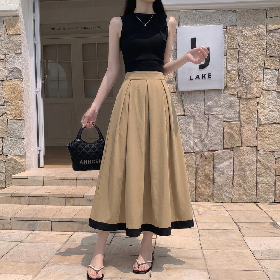 뒷밴딩 밑단배색 맞주름 플레어 A라인 롱스커트 여름 시원한치마 - 상세 이미지 5