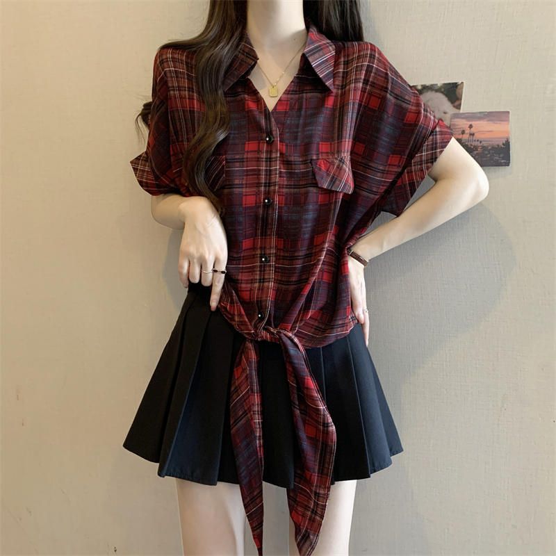 여성 체크 반팔 셔츠 루즈핏 쉬폰 블라우스 데일리 캐주얼 - 상품 이미지