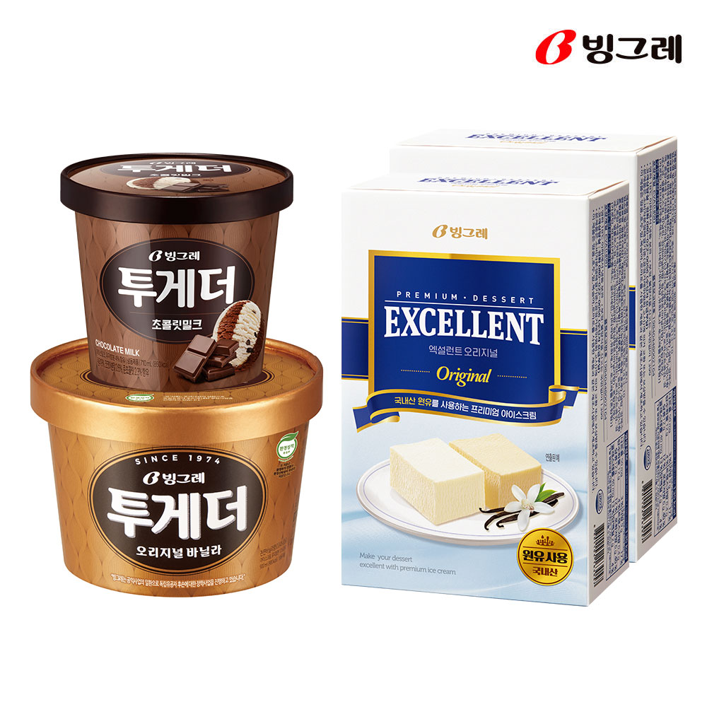 빙그레 투게더 오리지널 바닐라 900ml 1개 + 투게더 초코 710ml 1개 + 엑설런트 800ml 2개 혼합 - 상품 이미지