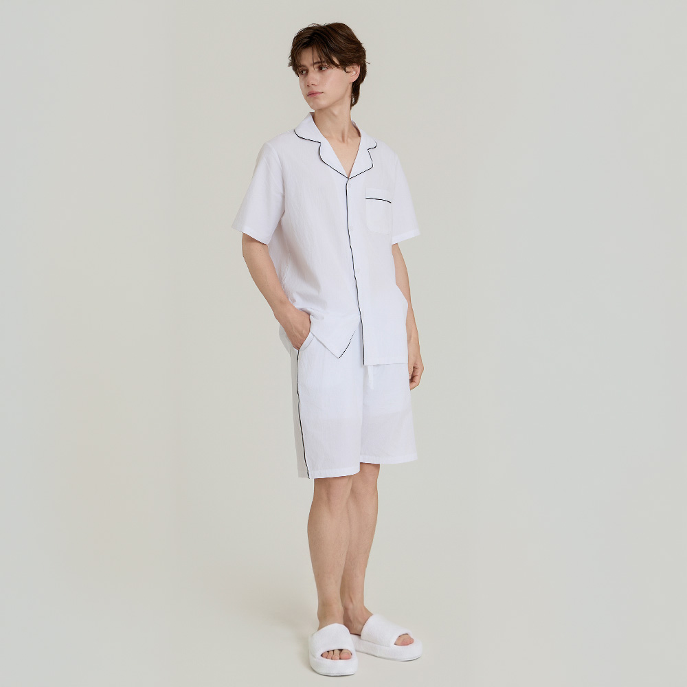 퓨어 화이트 남성 숏 파자마 여름 홈웨어 카라 순면 잠옷 세트 L size - 상세 이미지 3