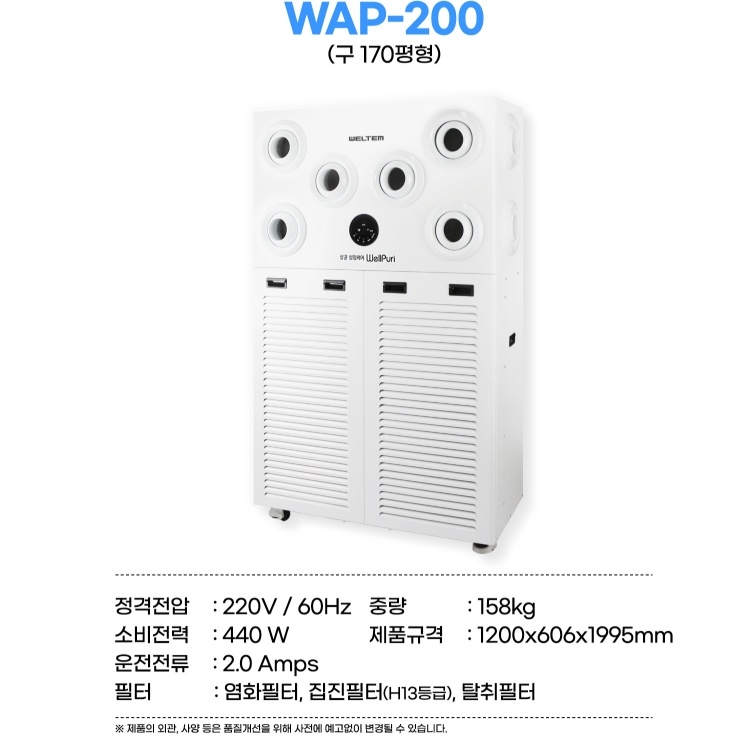 웰템 대형 살균 170평형 저소음 대형쇼핑몰 전시장 공기청정기 WAP-200 - 상세 이미지 2