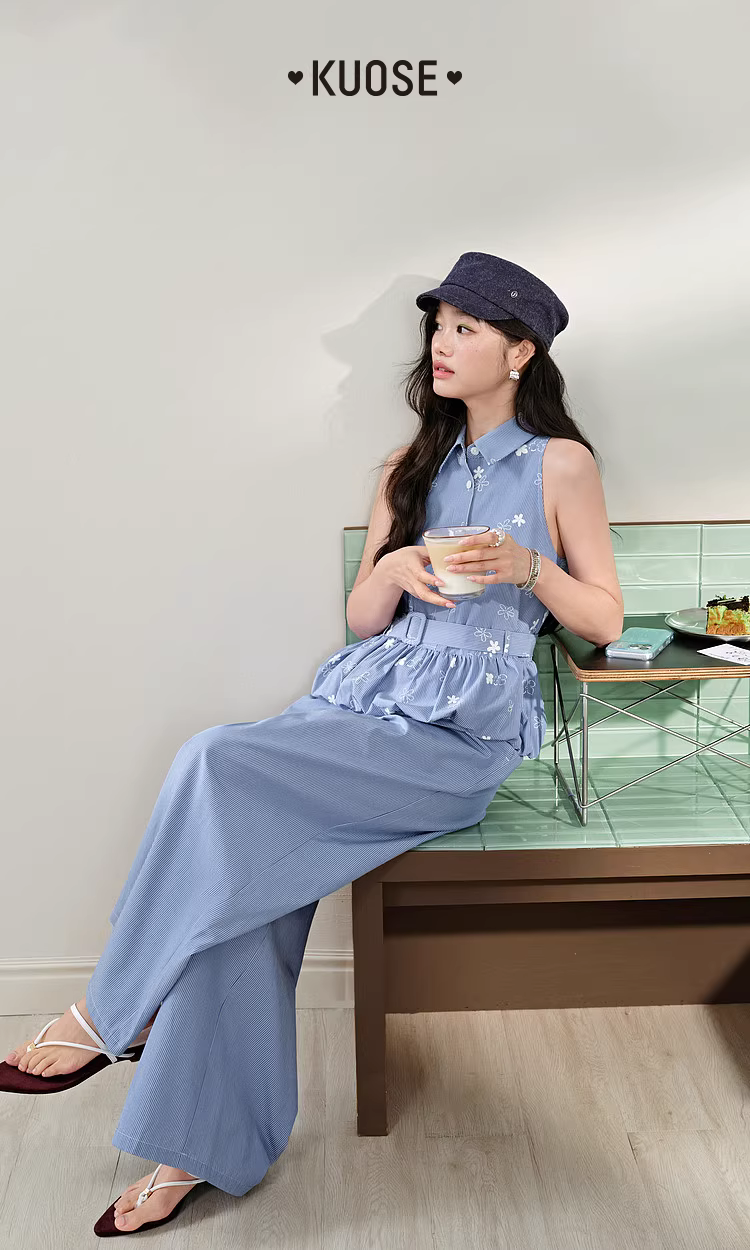 KUOSE 쿠오세 블루 스트라이프 자수 베스트 팬츠 세트 - 상품 이미지