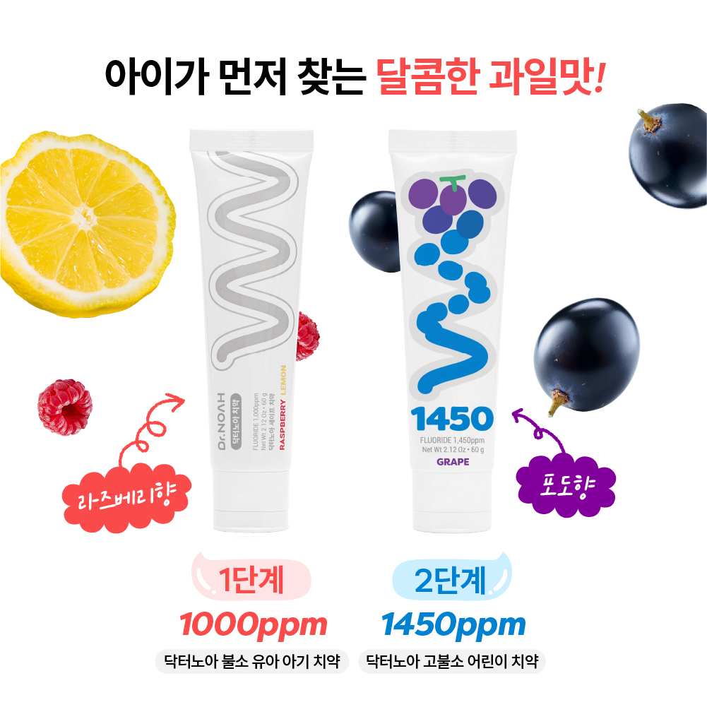 닥터노아 중금속 안심 1450 고불소 유아 어린이치약 초등학생 아기 키즈 포도향, 60g, 2개 상품 이미지