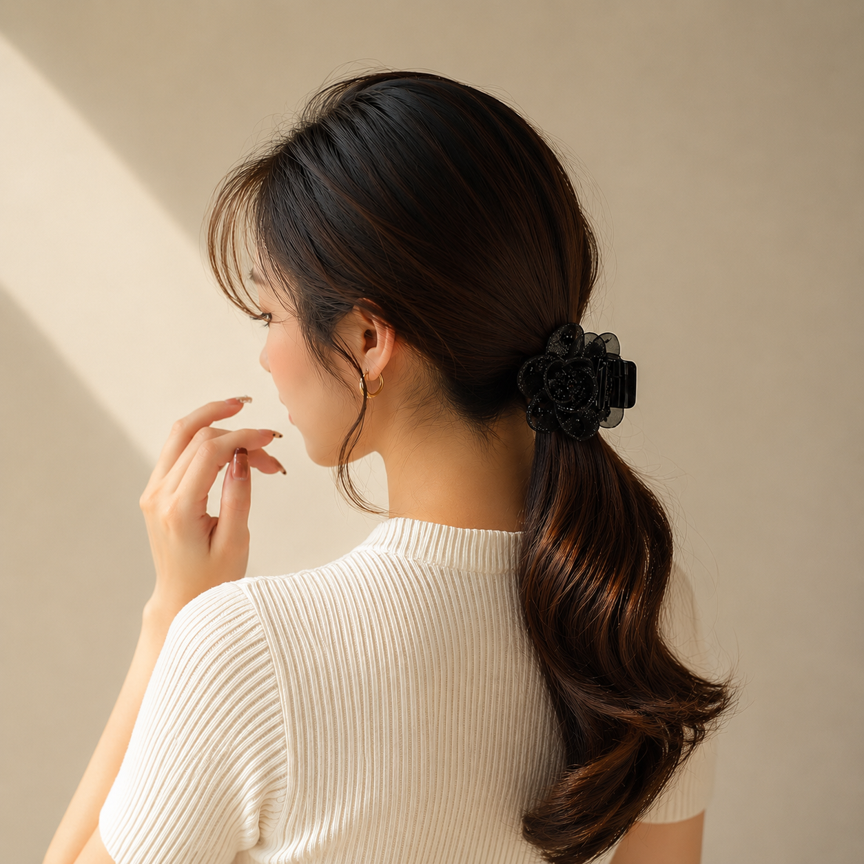 블랙 오간자 장미 머리핀 사랑스러운 포니테일집게핀 명품헤어핀 - 상품 이미지
