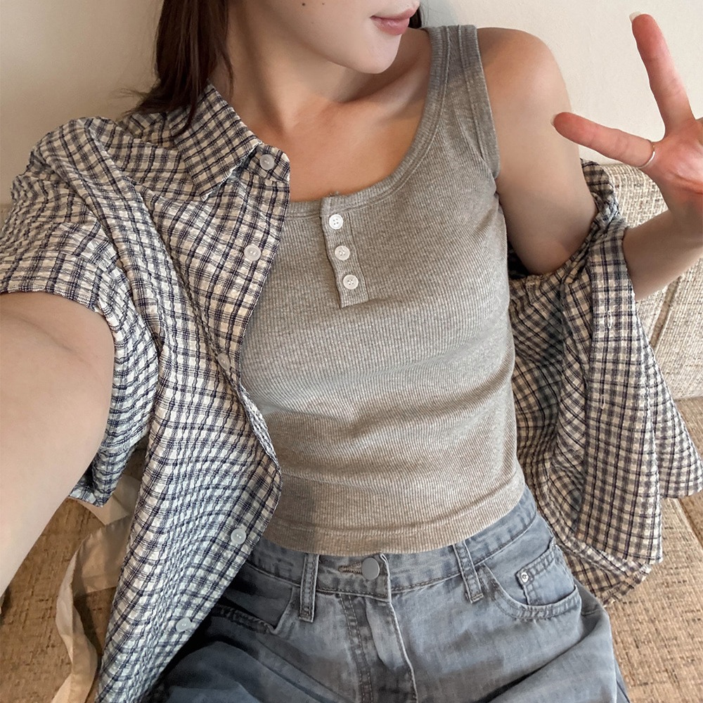 빈티지 체크 링클 오버핏 5부 반팔 셔츠 - 상세 이미지 3