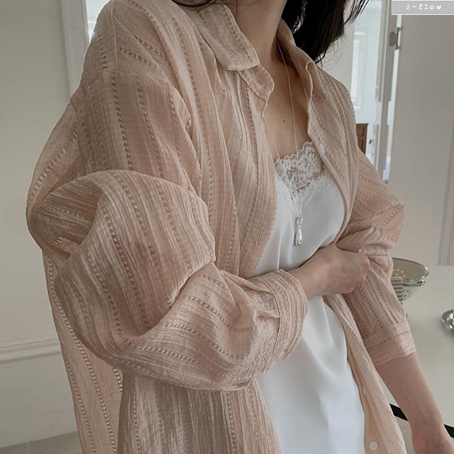 포먼 시스루 펀칭 루즈핏 긴팔 셔츠 3col 봄 여름 오버핏 썸머 줄무늬 데일리 제이플로우 - 상세 이미지 3