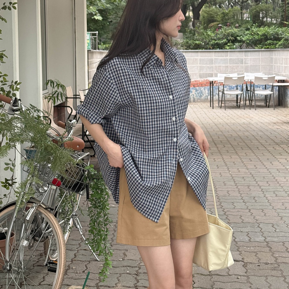 빈티지 체크 링클 오버핏 5부 반팔 셔츠 이미지 8