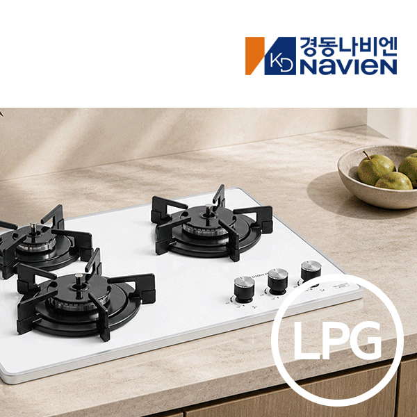 경동 나비엔매직 3구 빌트인 가스쿡탑 매립형 레인지 DC전지식 560 x 440 GRB6533 LPG 화이트 - 상품 이미지