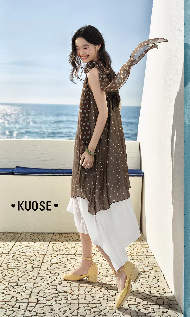 KUOSE 쿠오세 브라운 도트 스트랩 레이어드 원피스 - 상품 이미지