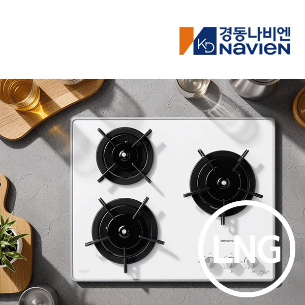 경동 나비엔매직 3구 빌트인 가스쿡탑 매립형 레인지 DC전지식 560 x 480 GRB6633 LNG 화이트 제품 이미지