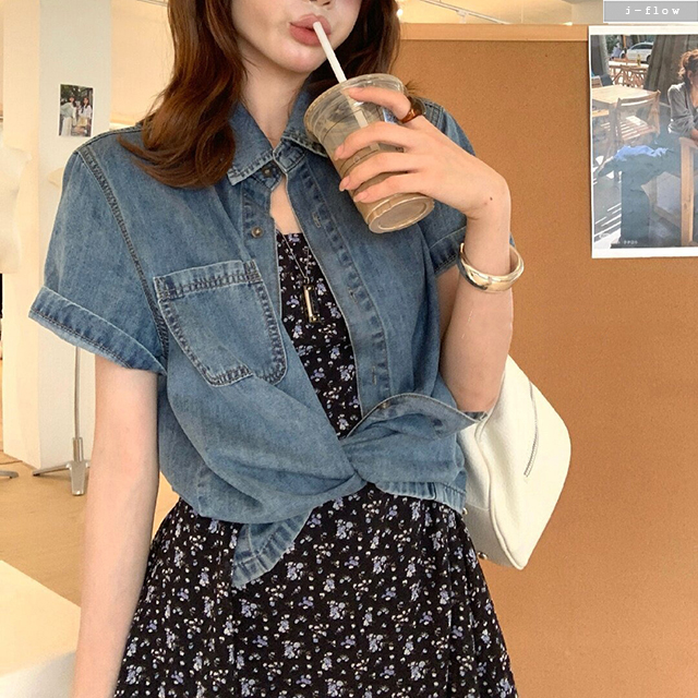 바이블 반팔 오버핏 데님 카라넥 셔츠 (중청) 여름 루즈핏 포켓 자켓 빈티지 제이플로우 이미지 6