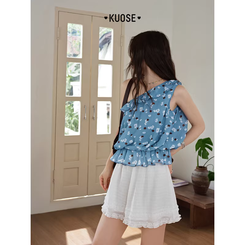 KUOSE 쿠오세 그레이시 블루 언발란스 플라워 슬리브리스 - 상세 이미지 5