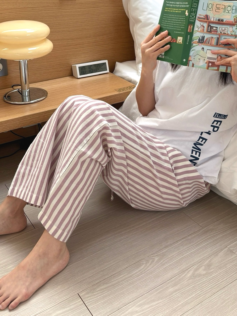 라메종 론드흐 프리미엄 바이오워싱 순면 브리즈 스트라이프 파자마 잠옷 바지 - 상세 이미지 4