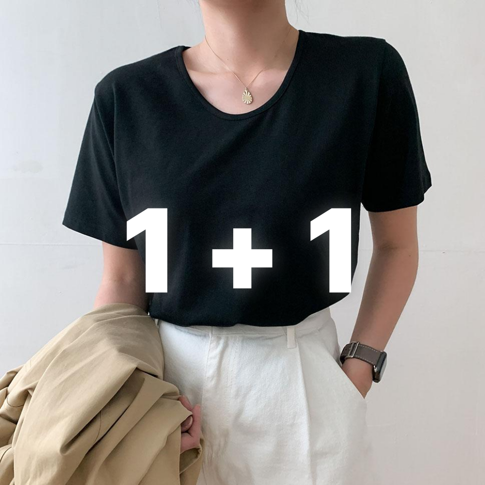 1+1 자체제작 유넥티셔츠 브이넥 반팔 여성흰티 모달 - 상품 이미지