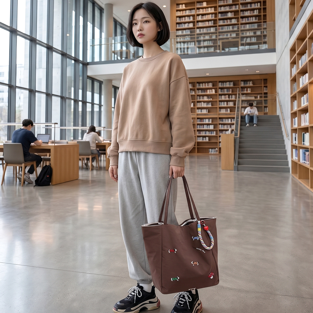 양면 숄더백 에코백 경량 패브릭 보부상 가방 리유저블 데일리백 브라운 - 상세 이미지 5