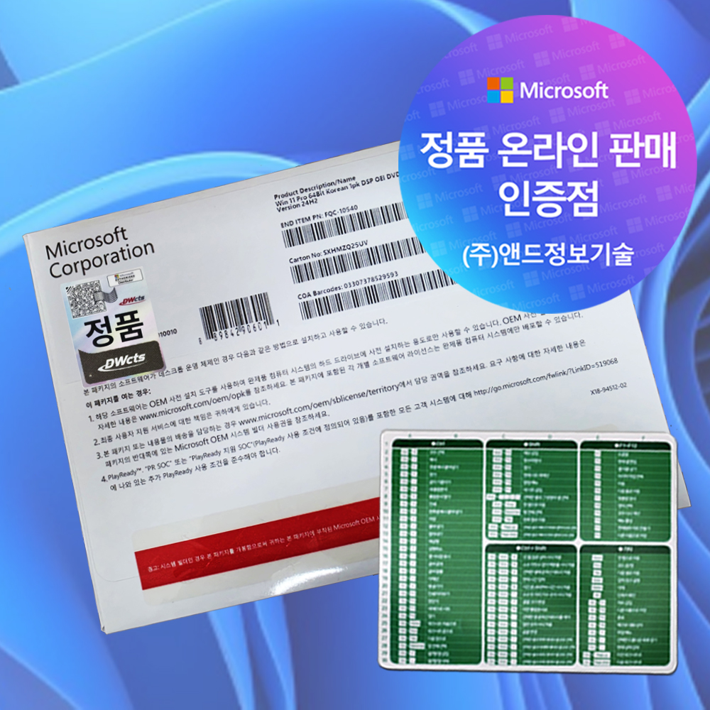 [한국MS정품인증점] Windows 11 Pro 64bit DSP 한글 / 윈도우11 프로 설치 제품키 기업용 정품