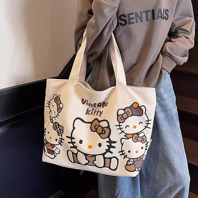 헬로키티 고양이 캔버스 대용량 토트백 숄더백 학생 통근 만화 가방 에코백 천 쇼핑 [업그레이드+지퍼] 베이지화이트 - 상세 이미지 4