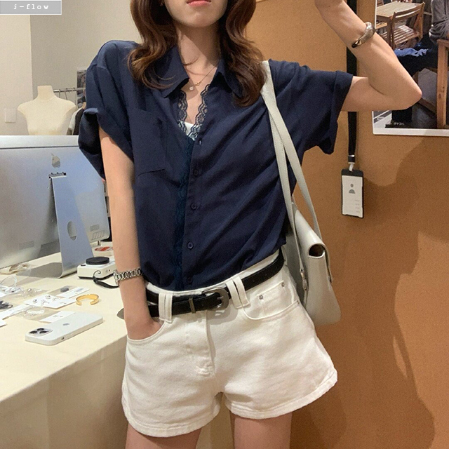 시안 자수 반팔 카라 오버핏 셔츠 블라우스 2col 봄 여름 루즈 하프 레이스 제이플로우 이미지 8