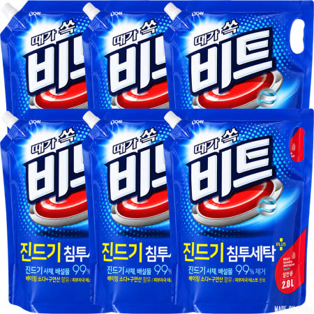 라이온코리아 비트 액체세제 일반용 파우치 리필 2L 6개