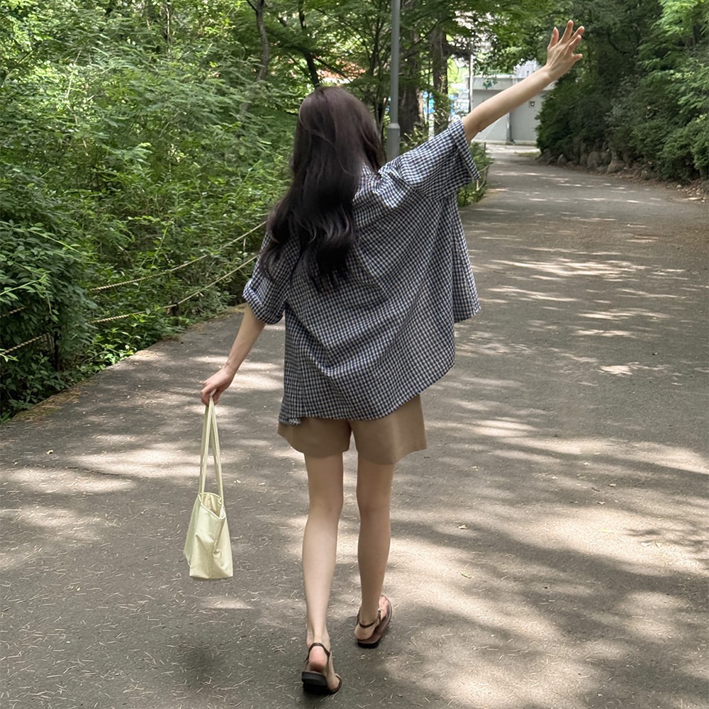 빈티지 체크 링클 오버핏 5부 반팔 셔츠 이미지 7