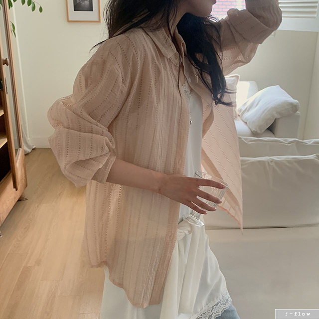 포먼 시스루 펀칭 루즈핏 긴팔 셔츠 3col 봄 여름 오버핏 썸머 줄무늬 데일리 제이플로우 - 상세 이미지 2