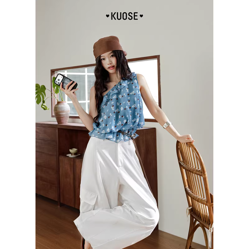 KUOSE 쿠오세 그레이시 블루 언발란스 플라워 슬리브리스 - 상세 이미지 4