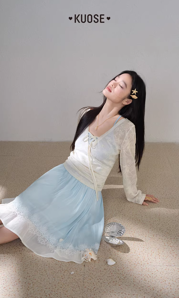KUOSE 쿠오세 베이지 자수 나시 투피스 - 상품 이미지