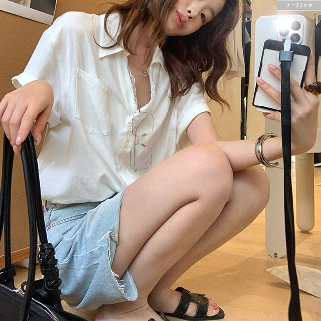 시안 자수 반팔 카라 오버핏 셔츠 블라우스 2col 봄 여름 루즈 하프 레이스 제이플로우 - 상세 이미지 5