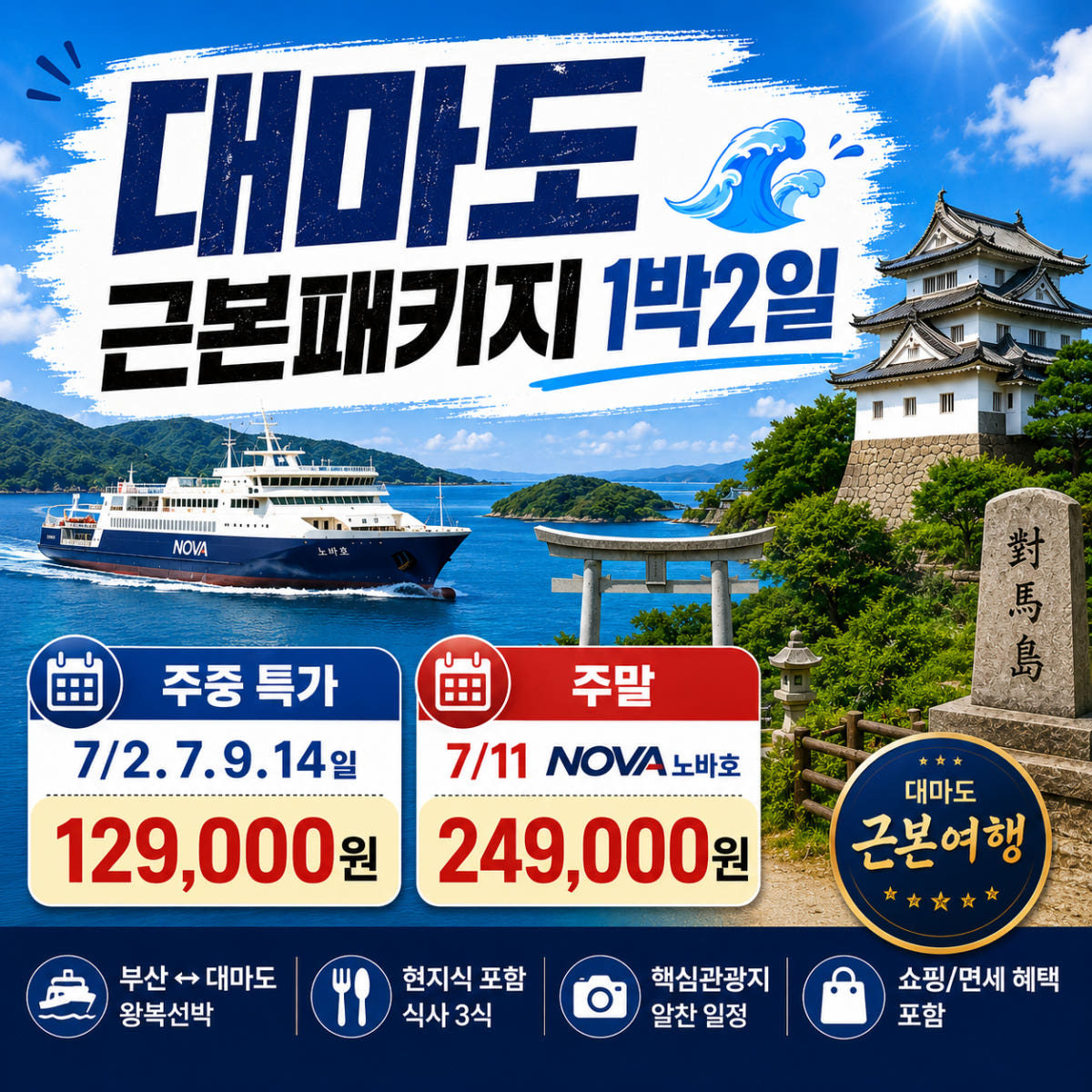 일본만 대마도 패키지 자연과 역사 1박2일 이즈하라 시내관광 해산물 BBQ 배편 여행