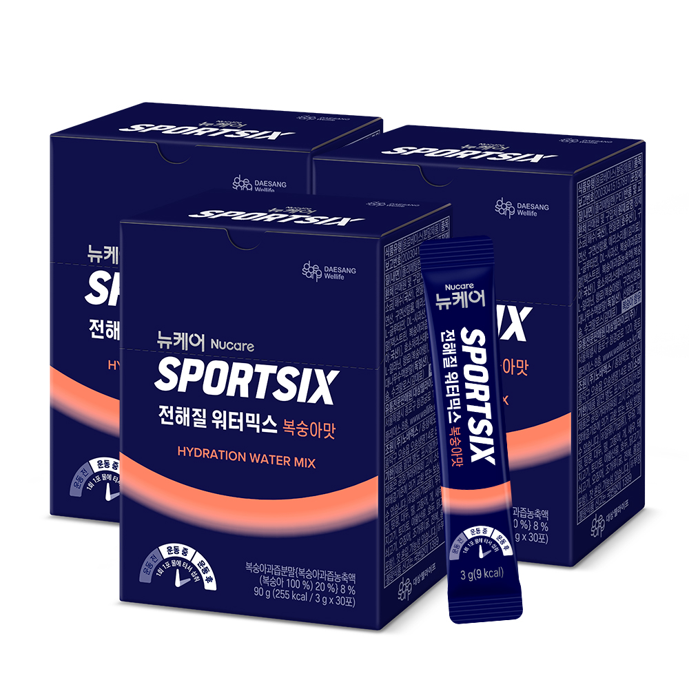 [운동 중-후] 뉴케어 스포식스 전해질 워터믹스 전해질음료 복숭아맛 3g 30포, 3개 - 상품 이미지