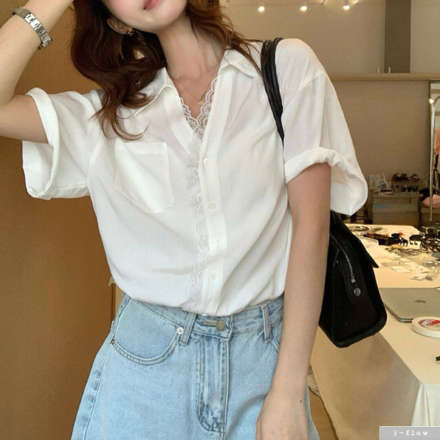 시안 자수 반팔 카라 오버핏 셔츠 블라우스 2col 봄 여름 루즈 하프 레이스 제이플로우 - 상세 이미지 2