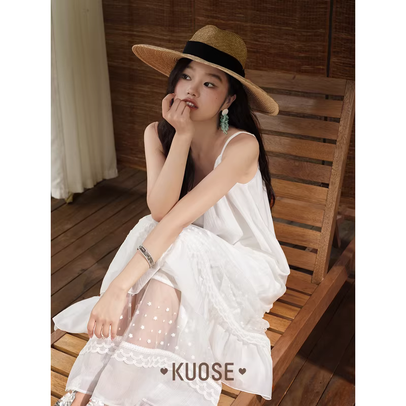 KUOSE 쿠오세 화이트 레이스 원피스 팬츠 세트 - 상세 이미지 5