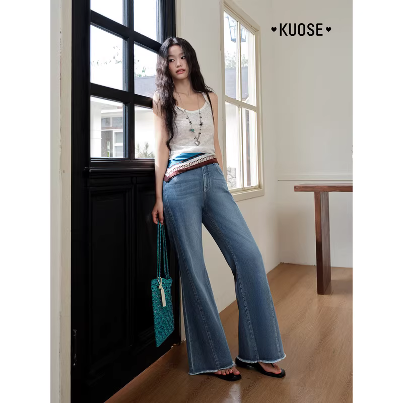 KUOSE 쿠오세 블루 레트로 슬림핏 세미 부츠컷 데님 팬츠 - 상세 이미지 3