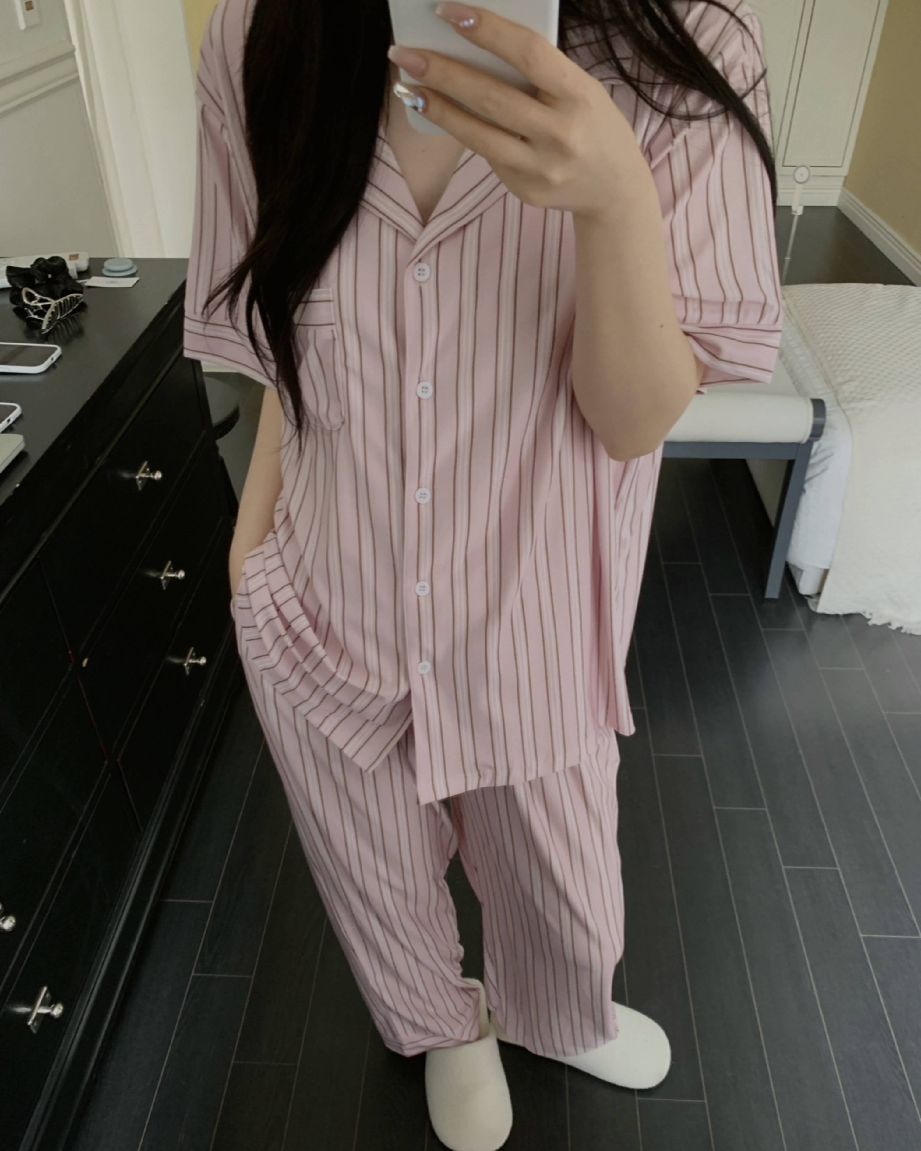 치즈 웨일즈 3피스 쿨링 잠옷 세트 커플 반팔 긴바지 파자마 상품 이미지