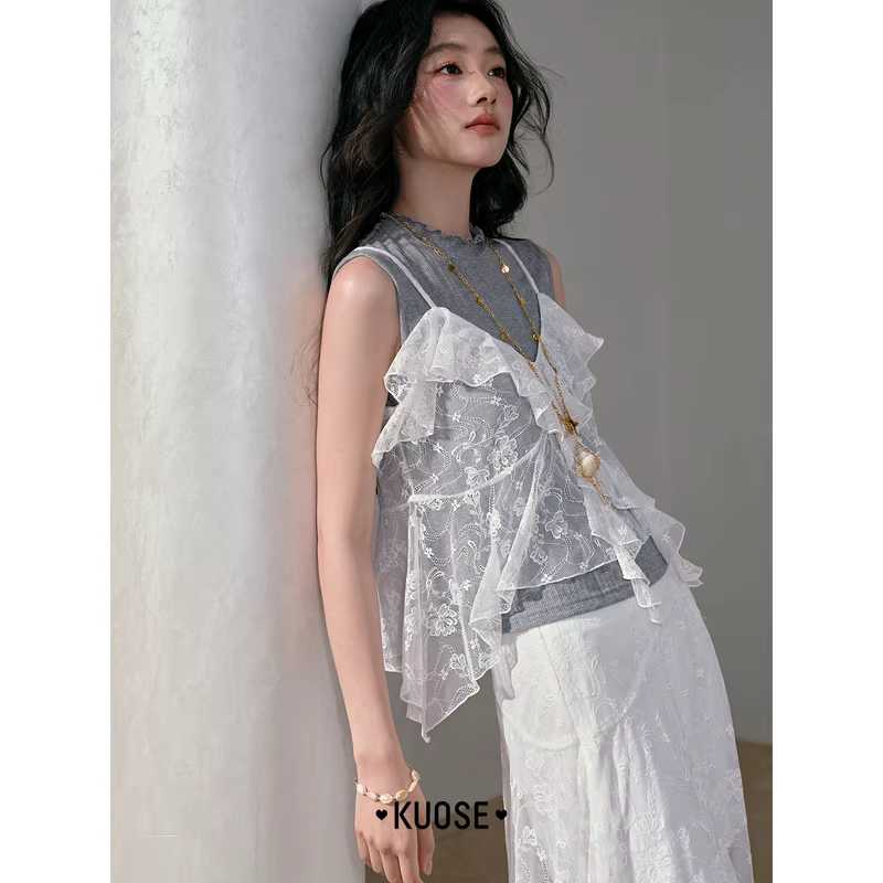 KUOSE 쿠오세 그레이 레이스 민소매 투피스 이미지 6