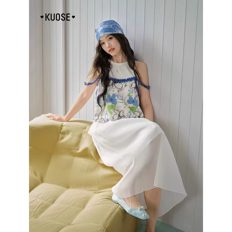 KUOSE 쿠오세 홀터넥 플로럴 레이어드 민소매 롱 원피스 - 상세 이미지 3