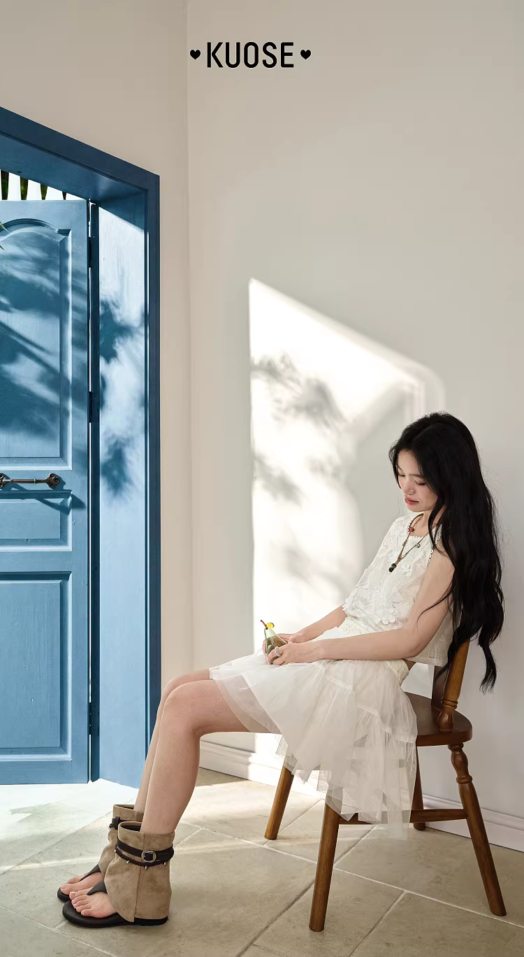 KUOSE 쿠오세 베이지 자카드 크롭 튤 스커트 세트 - 상품 이미지