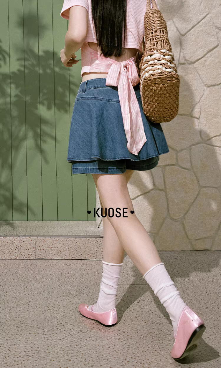 KUOSE 쿠오세 여성 여름 하이웨이스트 플레어 데님 치마바지 - 상품 이미지