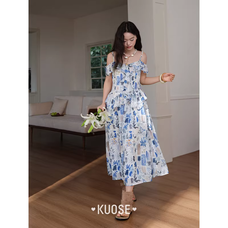 KUOSE 쿠오세 여름 러플 플라워 롱원피스 - 상세 이미지 4