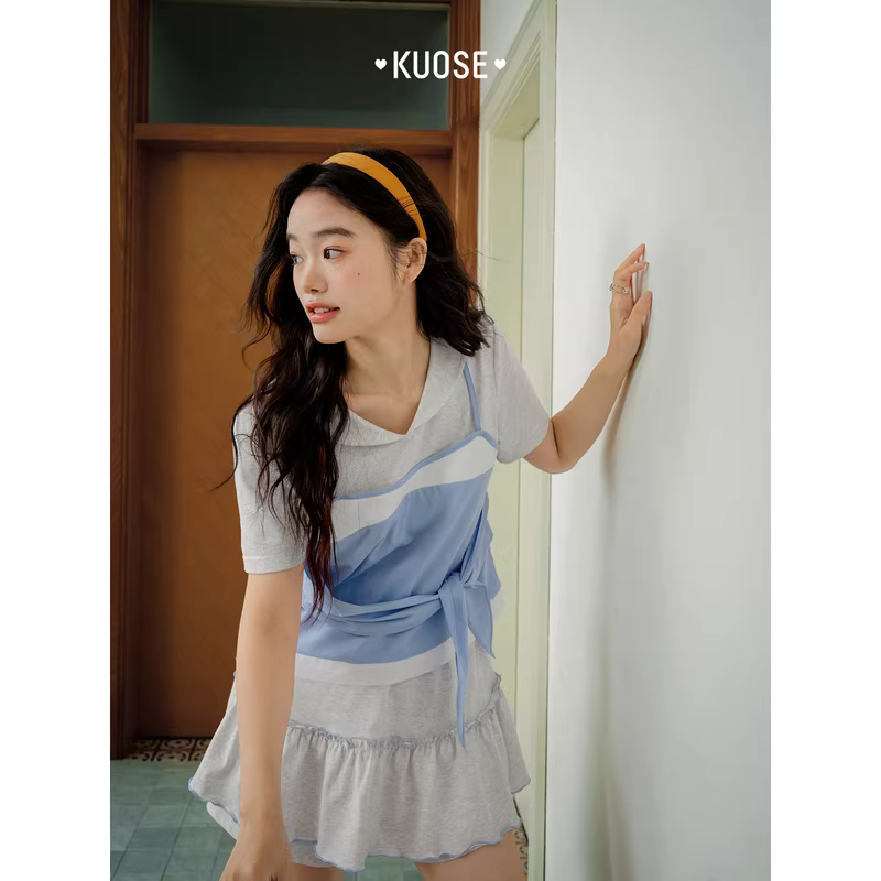 KUOSE 쿠오세 레이어드 반팔 캉캉 스커트 투피스 세트 - 상세 이미지 5