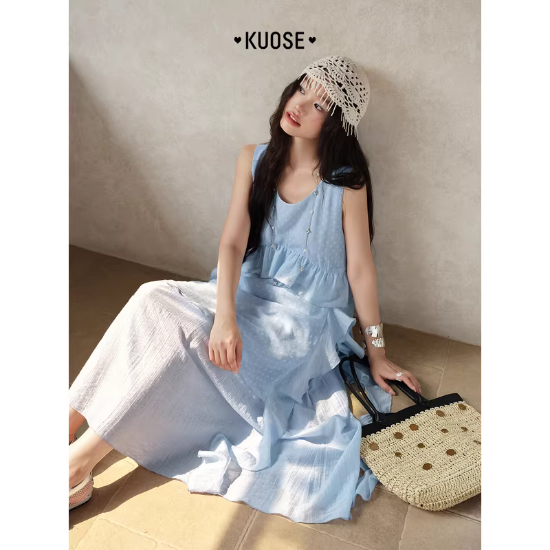 KUOSE 쿠오세 연블루 텐셀 러플 민소매 롱원피스 이미지 6