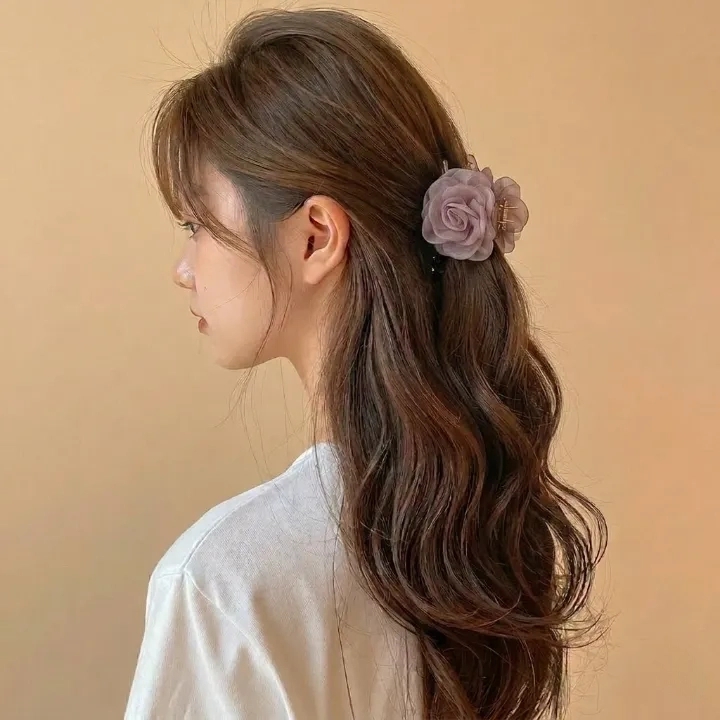 우아한 쉬폰 장미 집게핀 꽃송이 반묶음헤어핀 반머리삔 - 상품 이미지