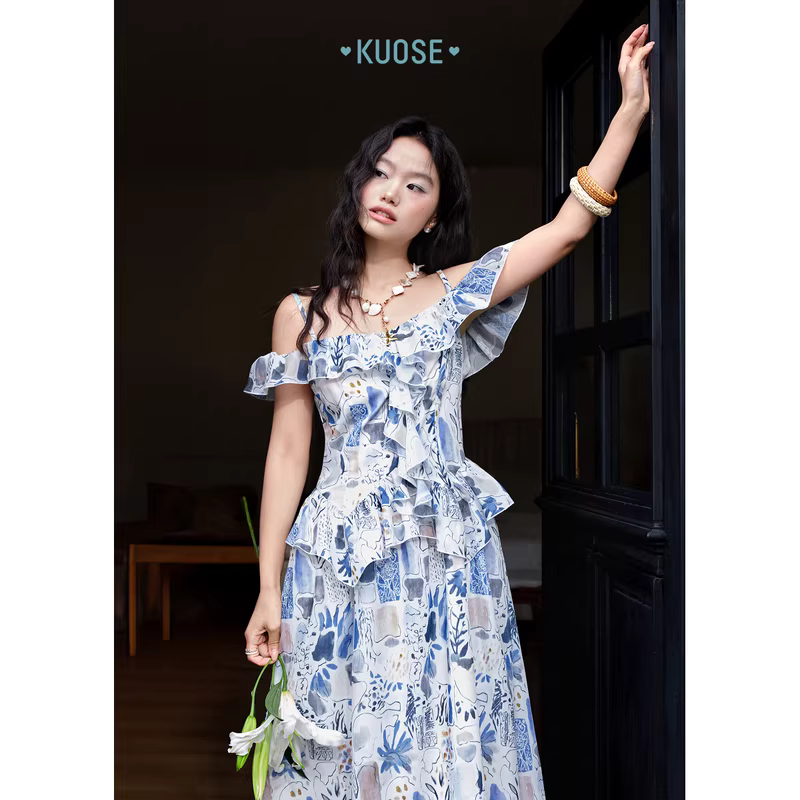 KUOSE 쿠오세 여름 러플 플라워 롱원피스 이미지 6