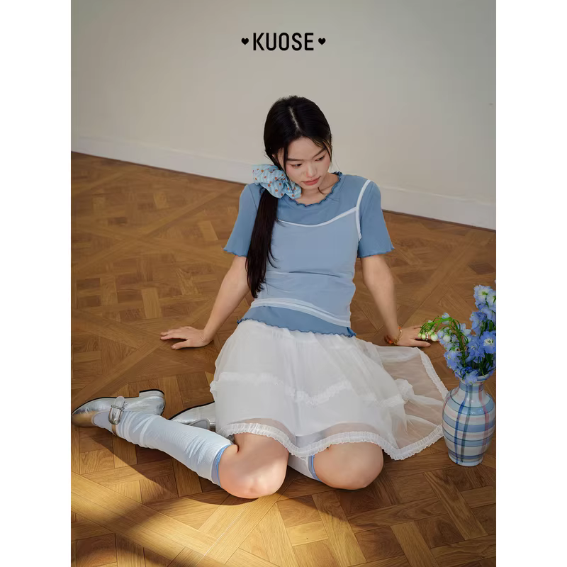 KUOSE 쿠오세 블루 물결넥 니트 반팔 티셔츠 - 상세 이미지 3