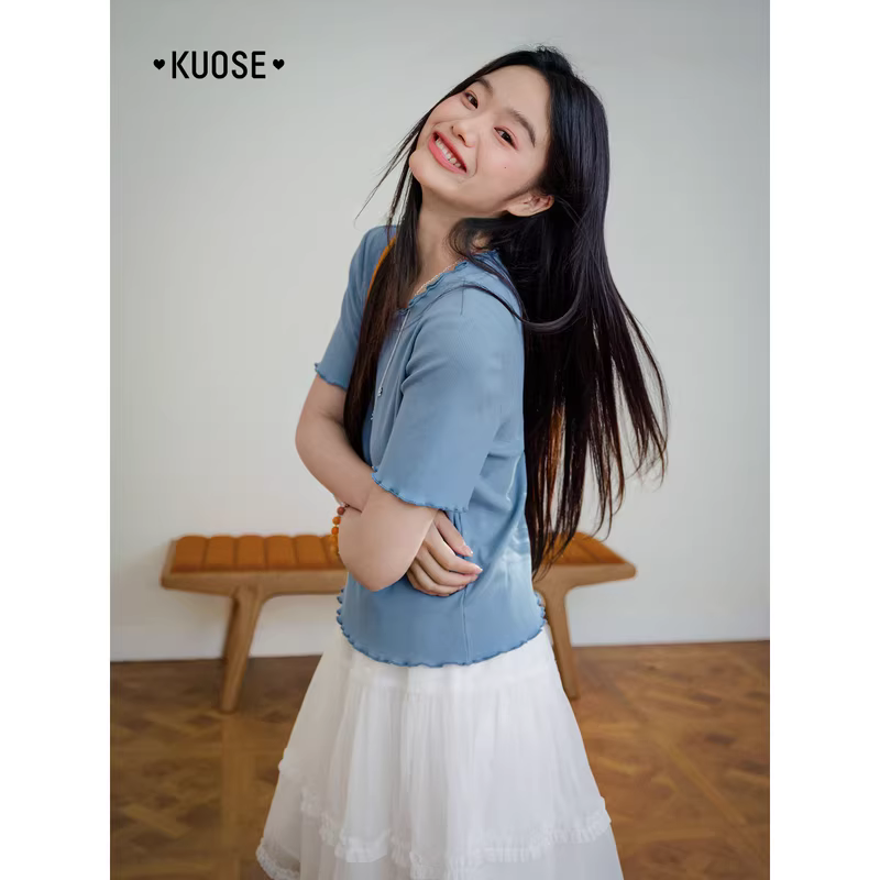 KUOSE 쿠오세 블루 물결넥 니트 반팔 티셔츠 - 상세 이미지 4