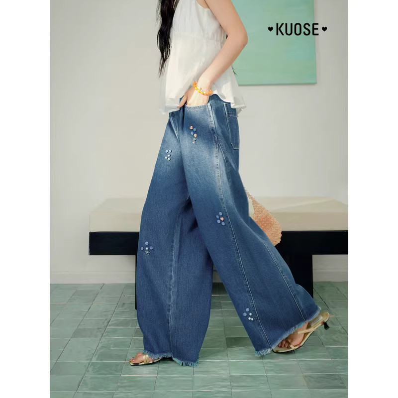 KUOSE 쿠오세 블루 자수 헤짐 와이드 데님 팬츠 - 상세 이미지 5