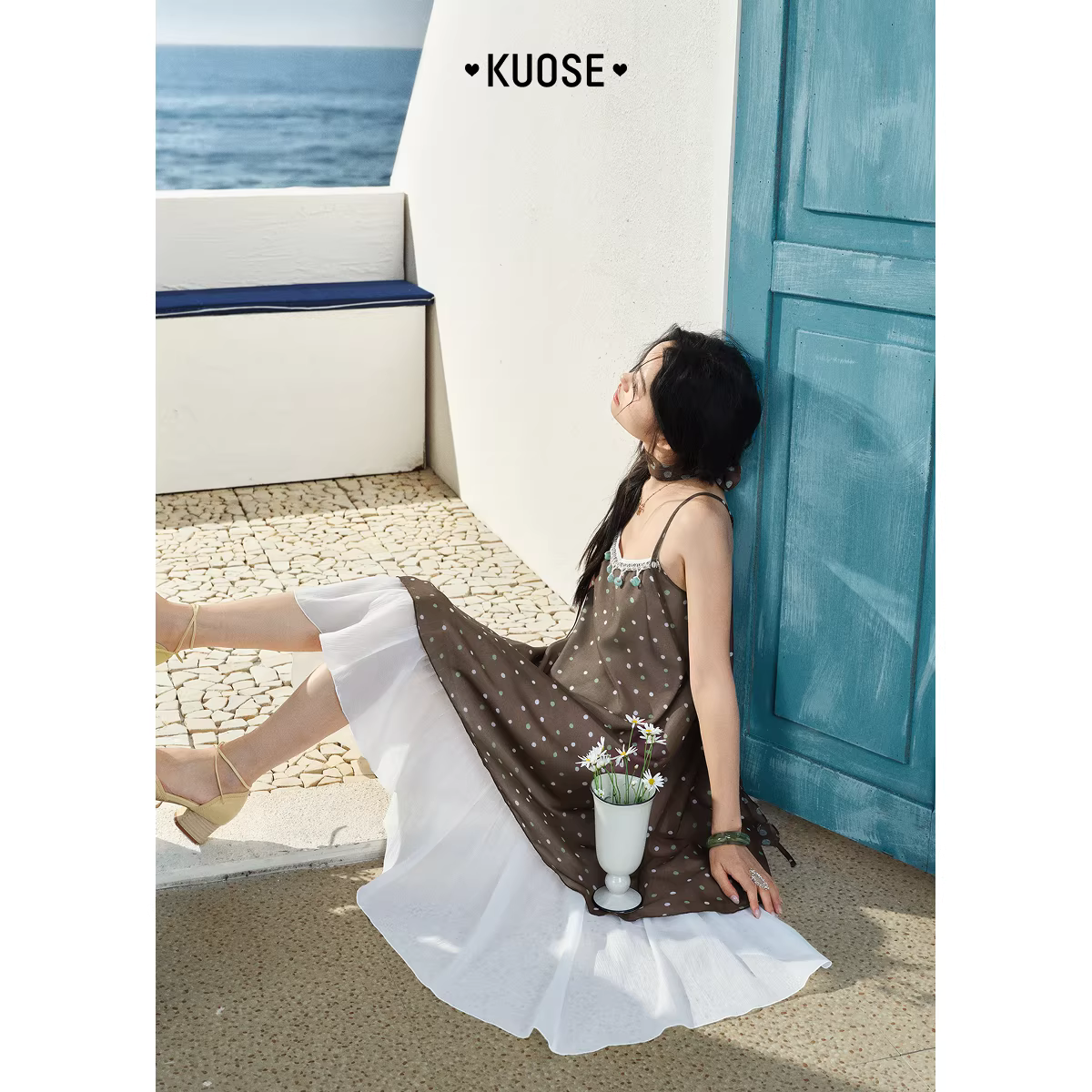 KUOSE 쿠오세 브라운 도트 스트랩 레이어드 원피스 - 상세 이미지 5